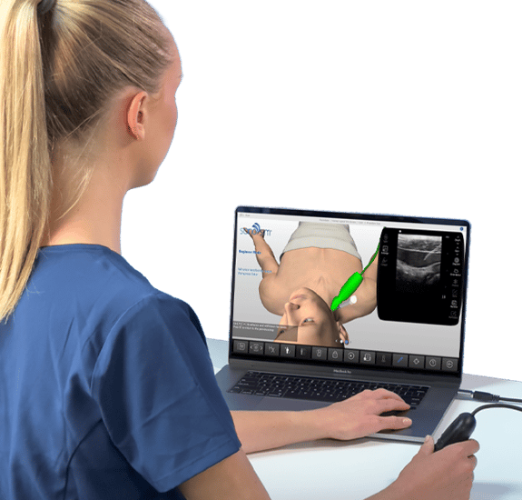 Learner performing an ultrasound-guided procedure on a laptop in a simulation center
