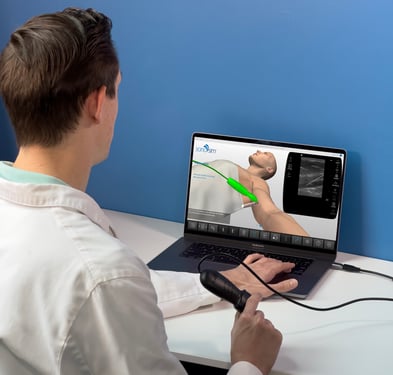 Sonography school student scanning a MSK case using SonoSim