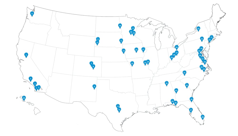 Map of continental US showing the 50+ locations that SonoSim combat casualty care training is used