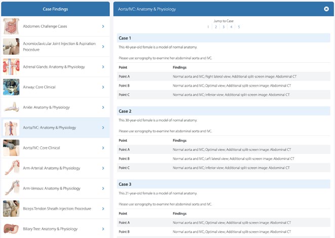 Case findings describe which piece of your ultrasound curriculum can be found in each case