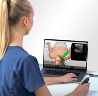 Medical student practicing ultrasound-guided procedures on a laptop at a sim center
